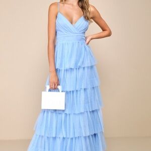 Lulus Rule The Runway Light Blue Tulle Surplice Tiered Maxi Dress - Size 2X